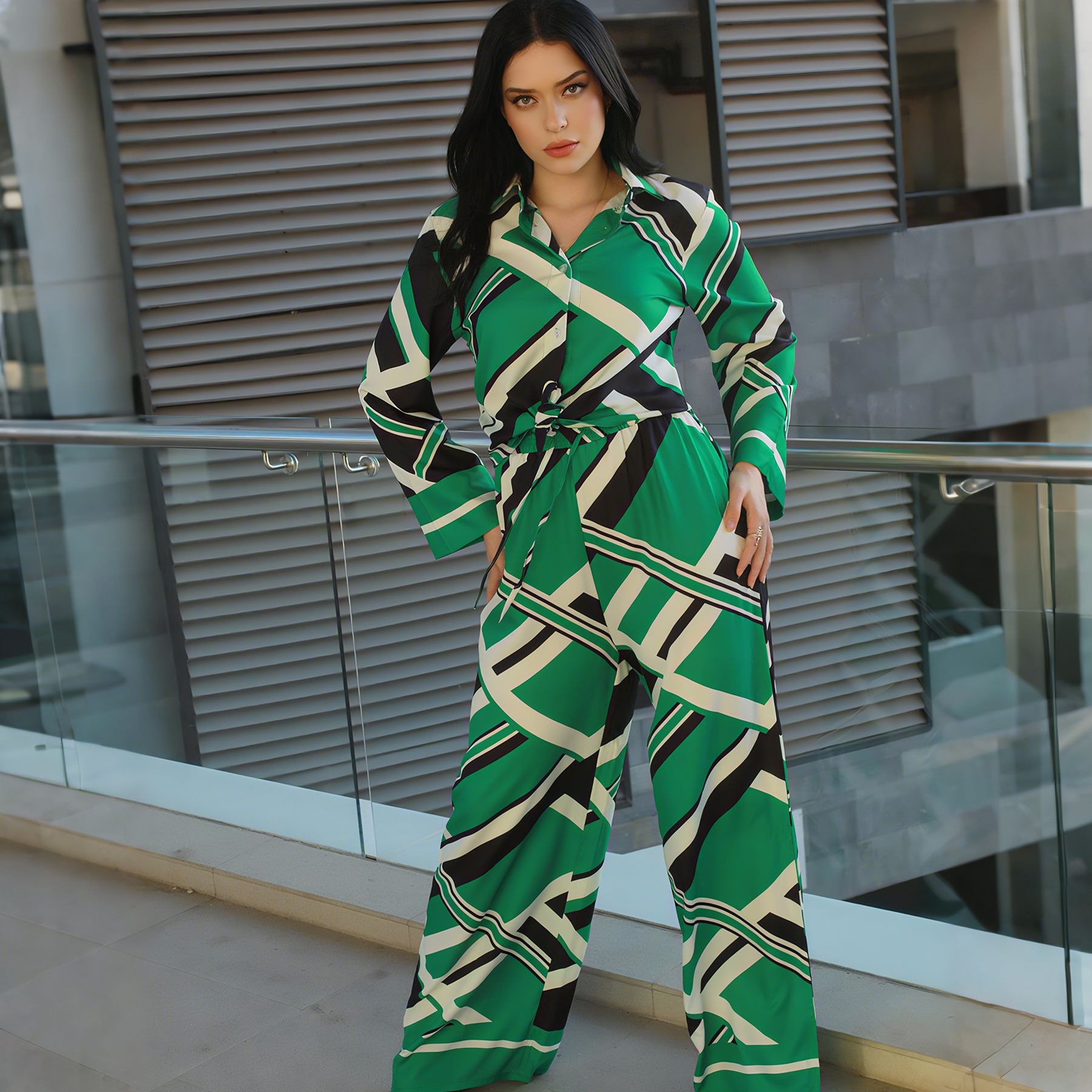 Long-sleeve Tie-neck Lapel Shirt And Wide-leg Pants Set