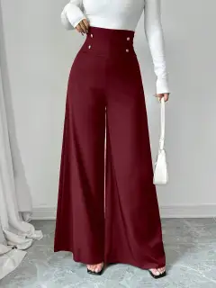 Minimalist Elegant High Waist Belly Contracting Black Wide Leg Pants - Red - View 1