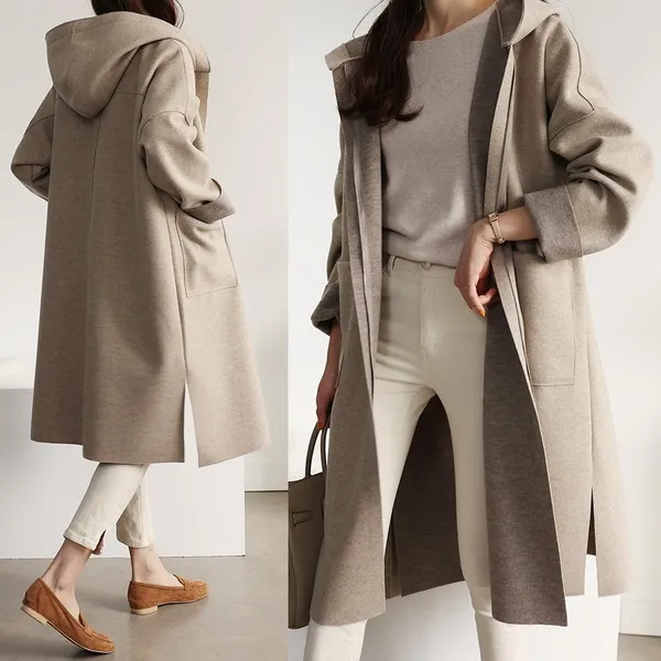 Loose Wool Women's Coat Hooded Khaki - Shop at LoveMi