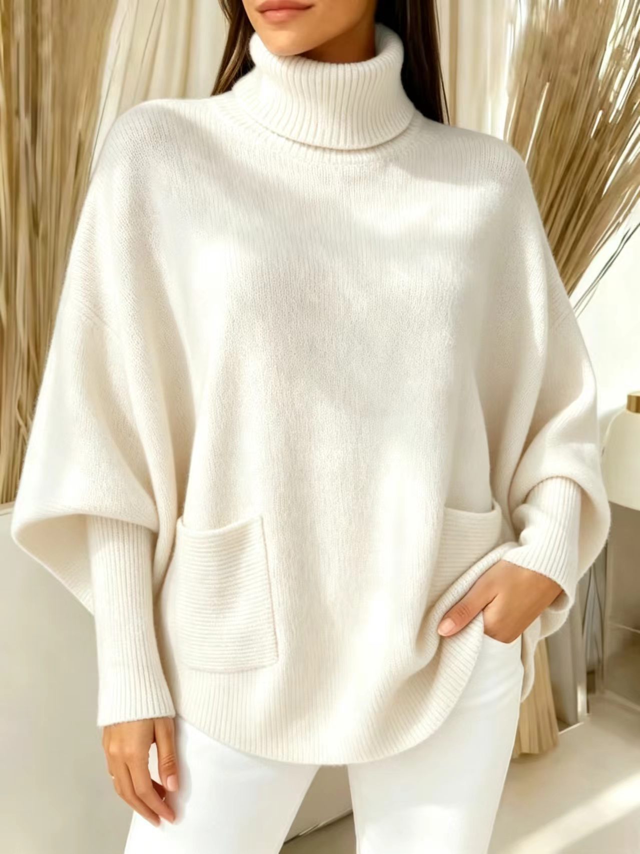 Women's batwing sleeve sweater – front view on model showing relaxed fit and front pocket