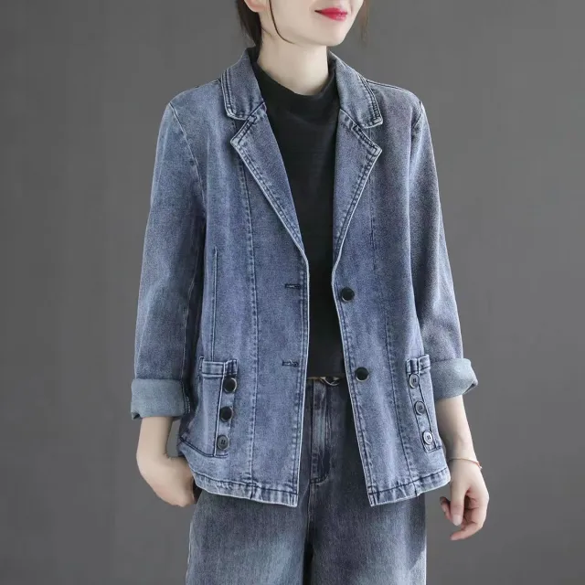 Autumn New Patchwork Pocket Loose Retro Long Sleeve Top Blue - Shop at LoveMi