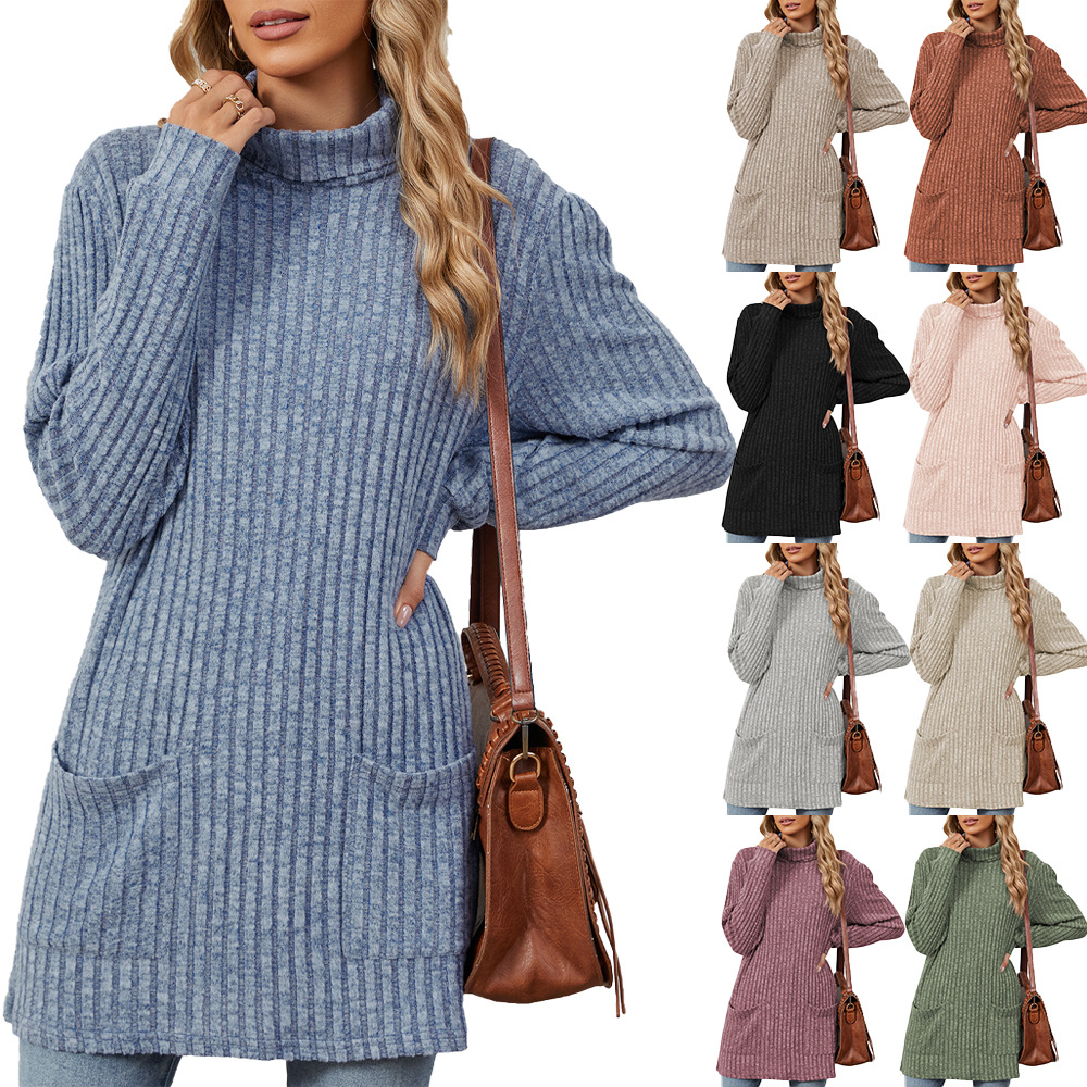 Mock-neck Long-sleeve Casual Womens Top With Pockets