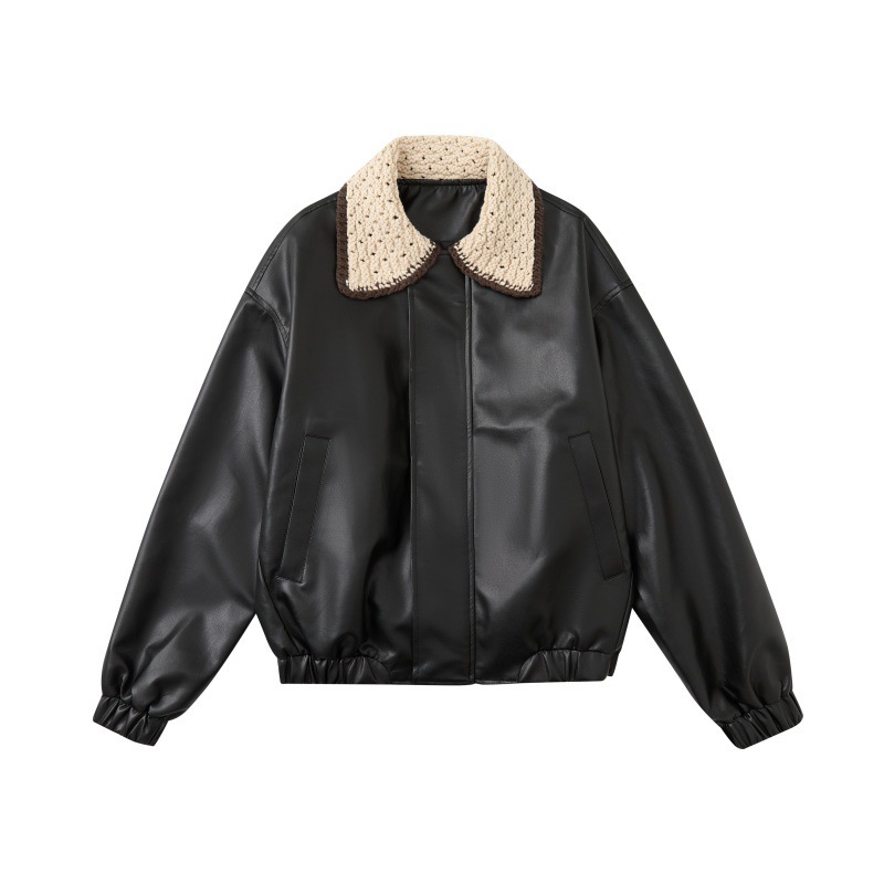 Color-blocked, Lapel-collar, Loose-fitting, Versatile, Trendy PU Leather Jacket For Couples