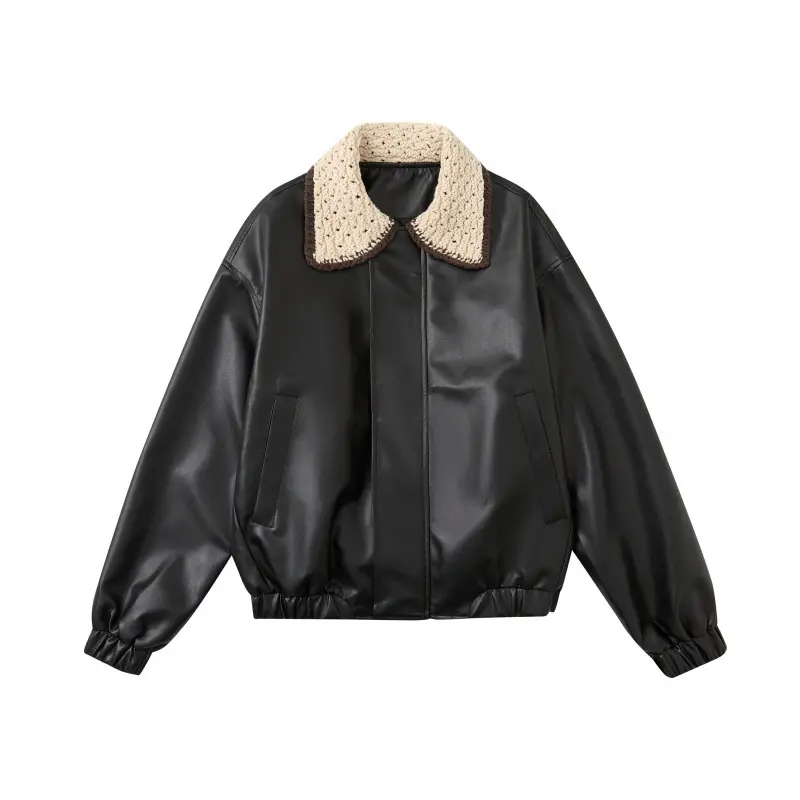 Color-blocked, Lapel-collar, Loose-fitting, Versatile, Trendy PU Leather