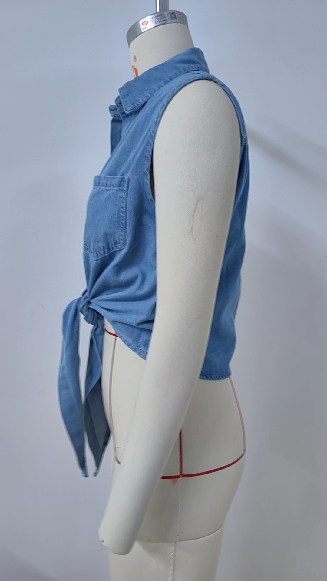 Washed Denim Thin Lace-up Shirt Short Top