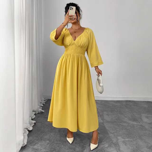 Deep V neck Yellow High Waist Slimming Dress Yellow - Shop at LoveMi