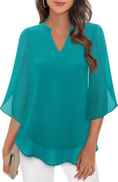Women's Petal Sleeve Top Loose V-neck Chiffon Shirt - Emerald-Xxl - View 1