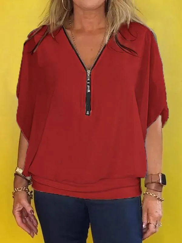 Commute Style Bat Sleeve Loose Casual Top Wine Red - Shop at LoveMi