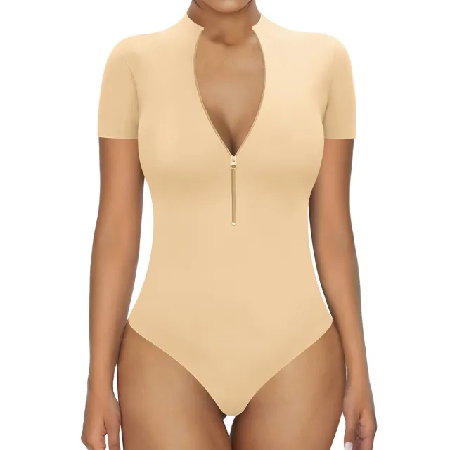 Short Sleeve Zipper Fashion Solid Color Belly Contracting Skin Color Xl - Shop at LoveMi