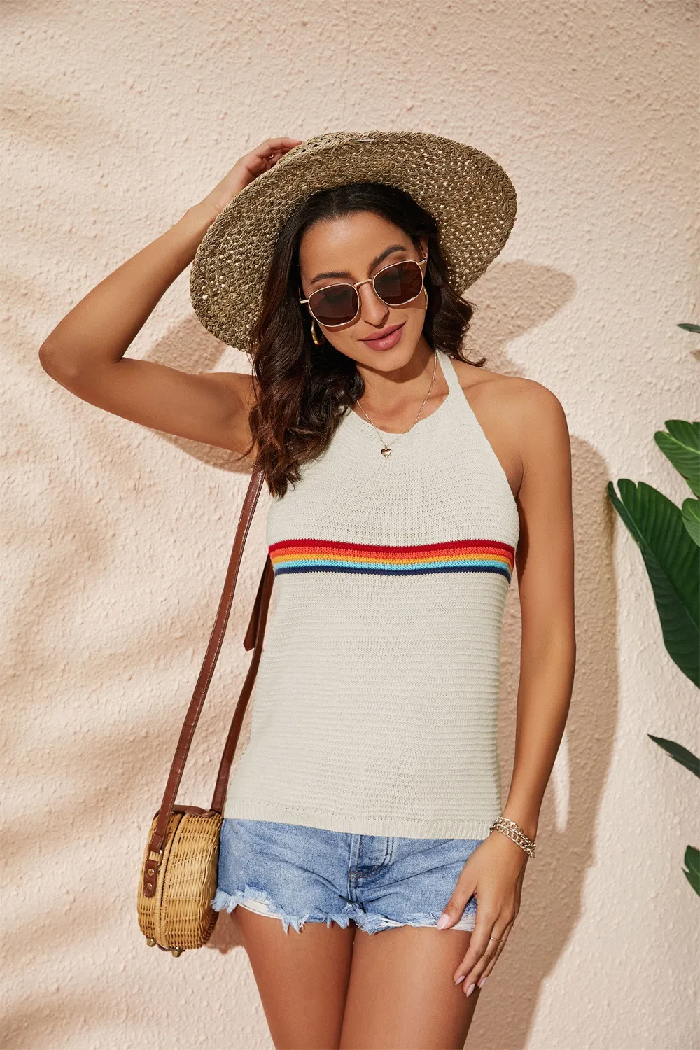 Women's Clothing Rainbow Color-blocking Halter Top Fashion Backless Knitted Lace-up Vest - Rainbow