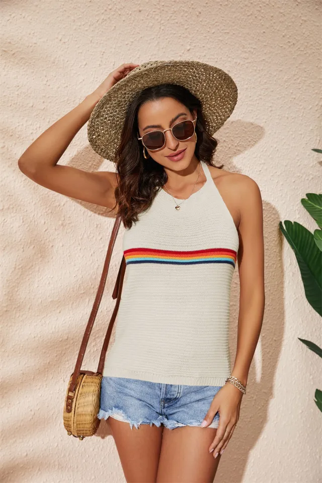 Women's Clothing Rainbow Color blocking Halter Top Fashion Backless Knitted Lace up Vest Rainbow - Shop at LoveMi