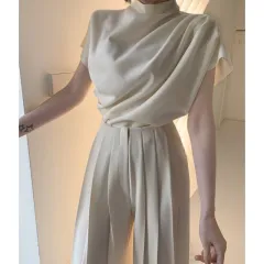 Stand Collar Pleated Sleeveless Top High Waist Pleated Wide Leg Pants Suit - Tan - View 1