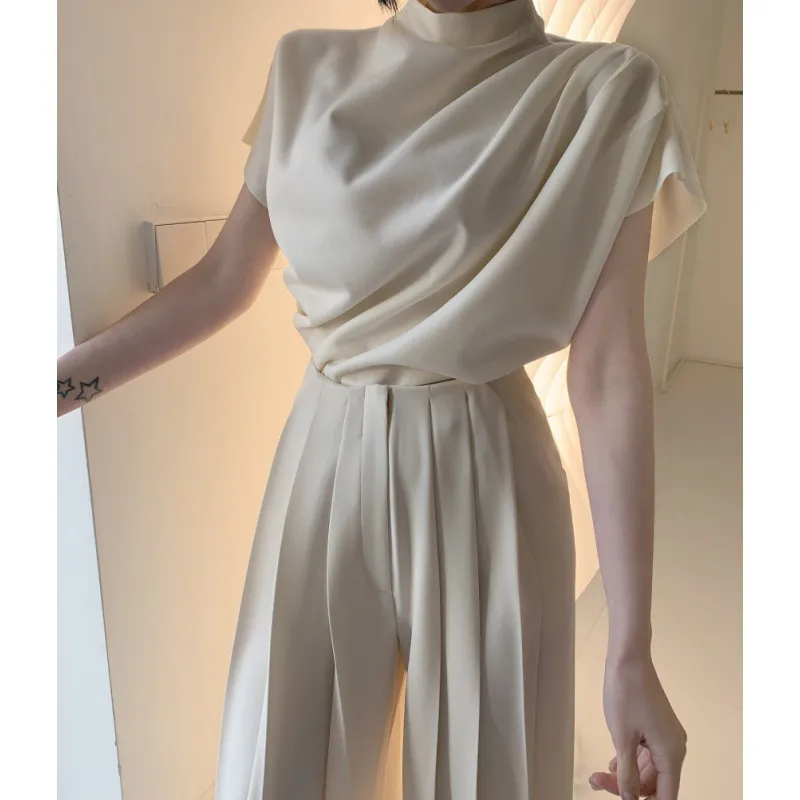 Stand Collar Pleated Sleeveless Top High Waist Pleated Wide Leg Pants Suit - Tan