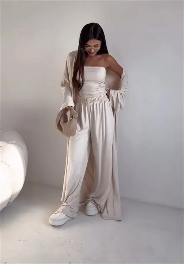 Casual Loose Cardigan Straight leg Pants Tube Top Suit Apricot - Shop at LoveMi