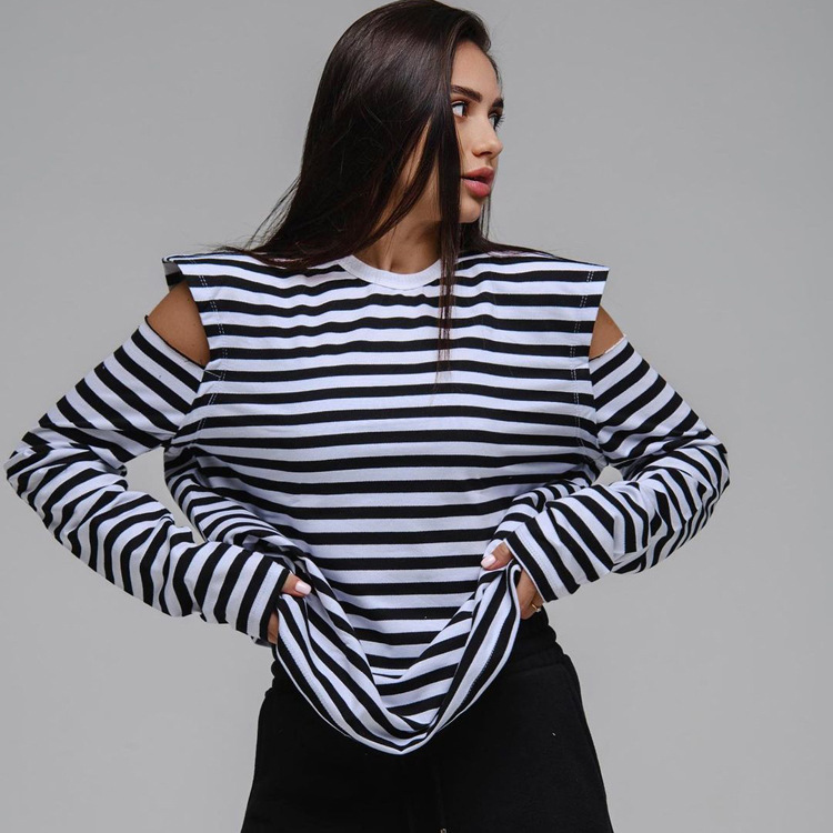 Striped Crew Neck Long Sleeves Off the shoulder Fashion Loose Top Black - Shop at LoveMi