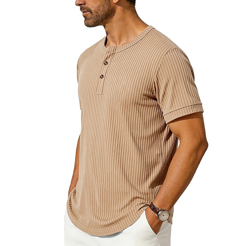 Summer New Men's Henley-Neck Ribbed T-Shirt