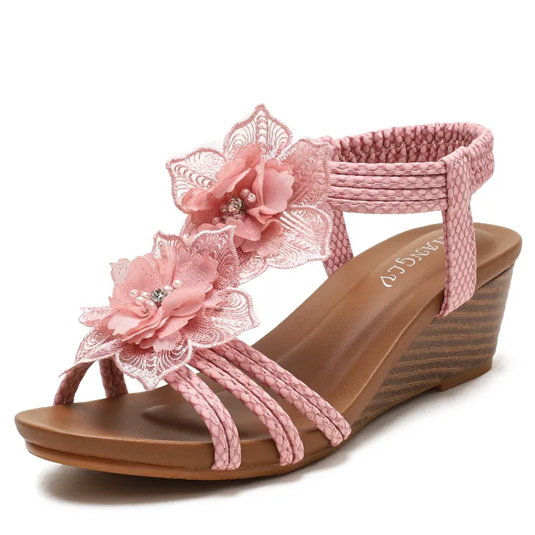 Women's Retro Flower Vacation Sandals Women's Plus Size Women's Shoes - Pink