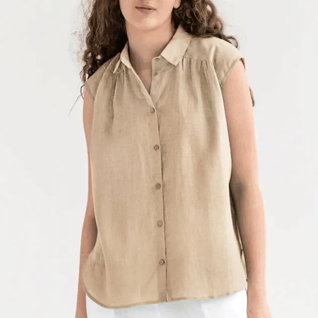 Cotton And Linen Simplicity Casual Sleeveless Solid Color Shirt Khaki - Shop at LoveMi