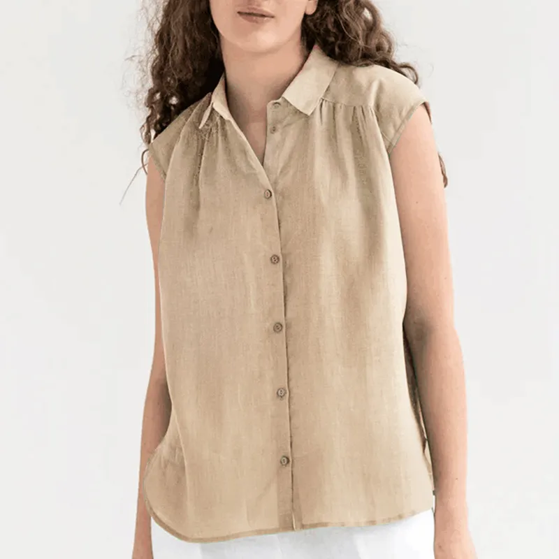 Cotton And Linen Simplicity Casual Sleeveless Solid Colour Shirt - Khaki