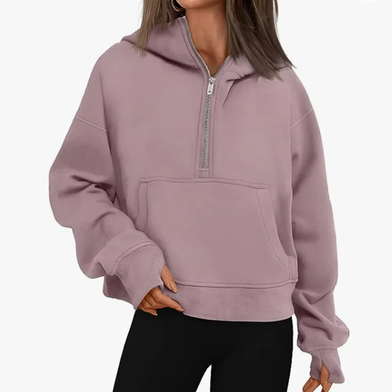 Autumn And Winter Zipper Long Sleeve Loose Hooded Sweater - Dark Peach