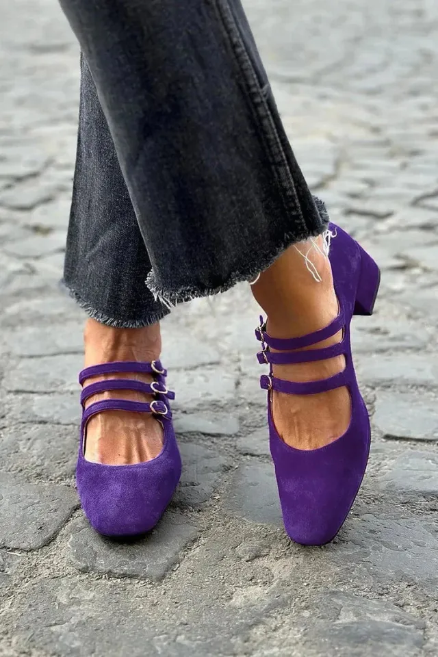 Women's Leather Square Toe Low cut Retro Style Chunky Heel High Heels Blue - Shop at LoveMi