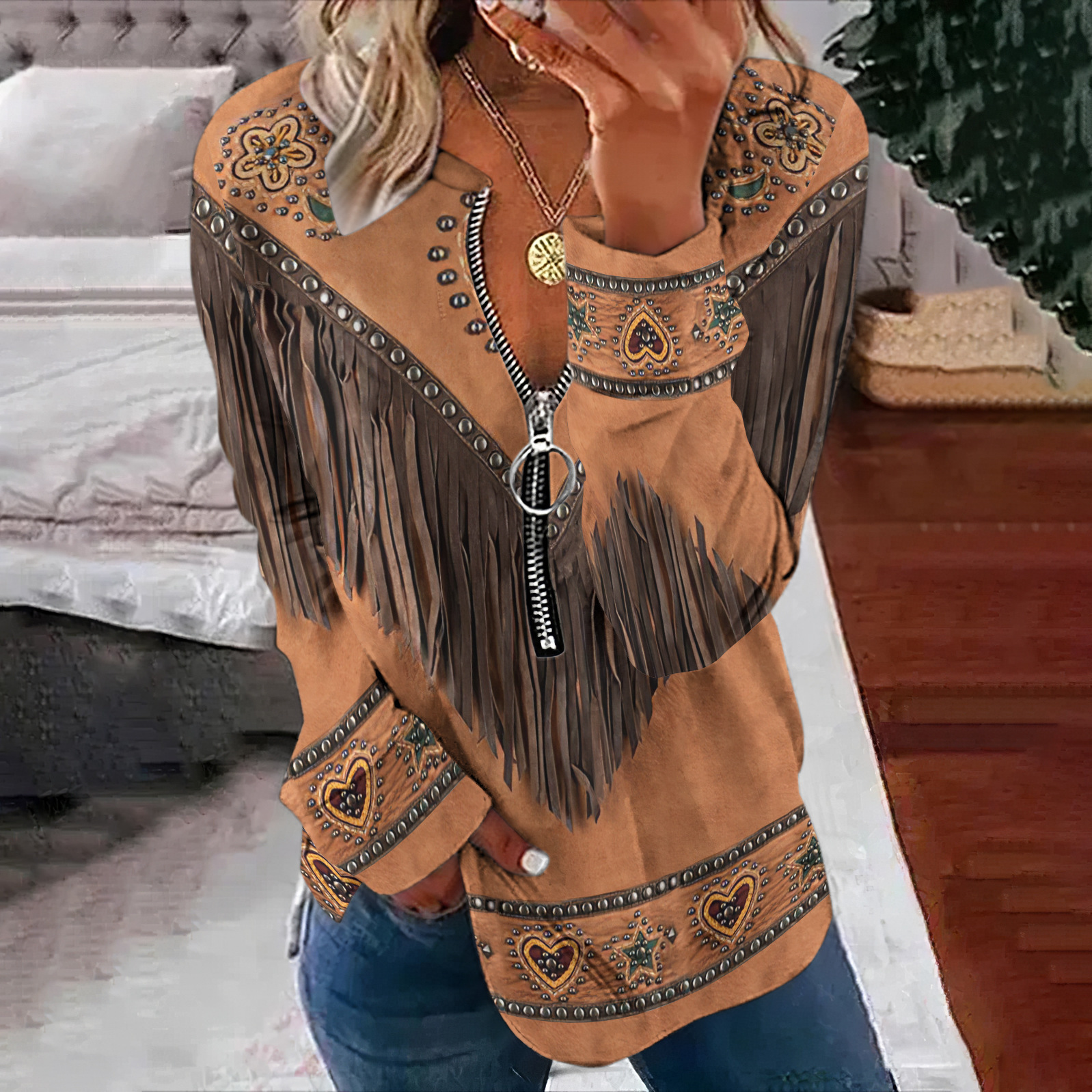 3D Tassel Abstract Printing Long Sleeve Half-open Zipper Sweater