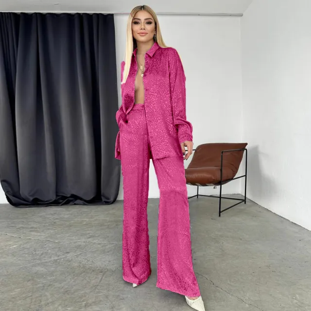 European And American Suit Women's Long sleeved Lapel Shirt Leopard Print Trousers Fashion Casual Two piece Suit Rose Red - Shop at LoveMi