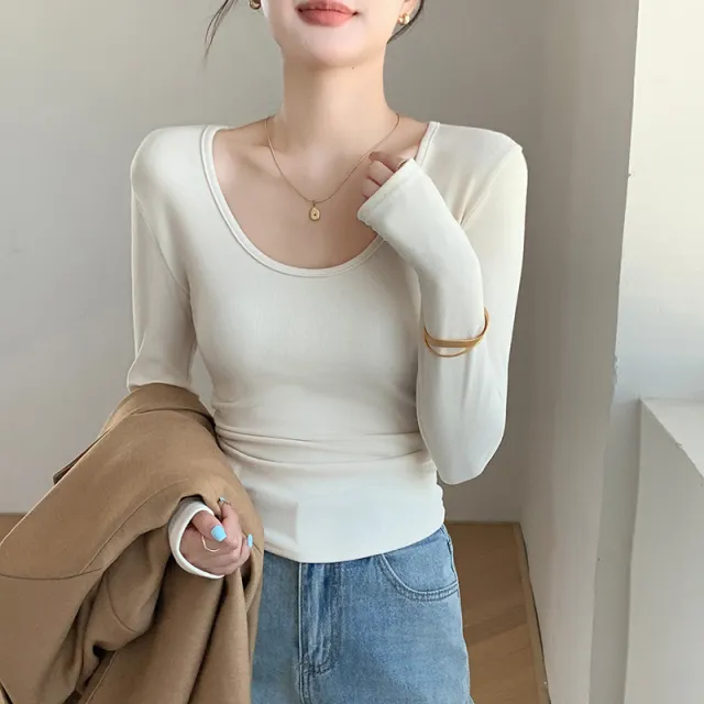 Big U neck Bottoming Shirt Brushed Inner Wear T shirt Beige Apricot - Shop at LoveMi
