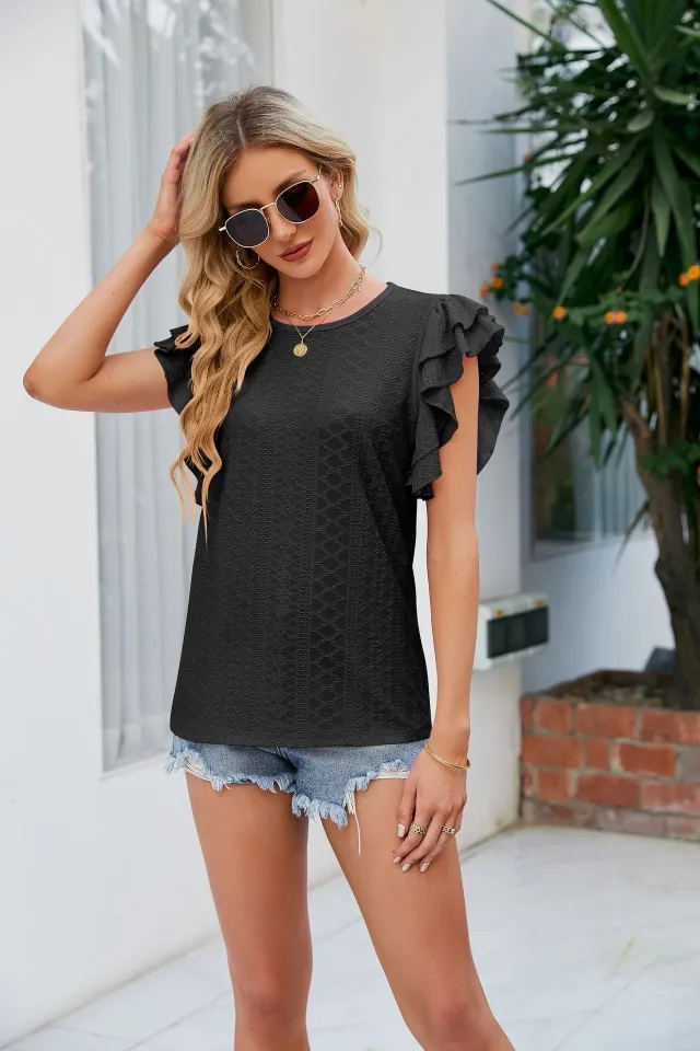 Round Neck Double Layer Ruffle Sleeve Hollow Short Sleeve Black - Shop at LoveMi