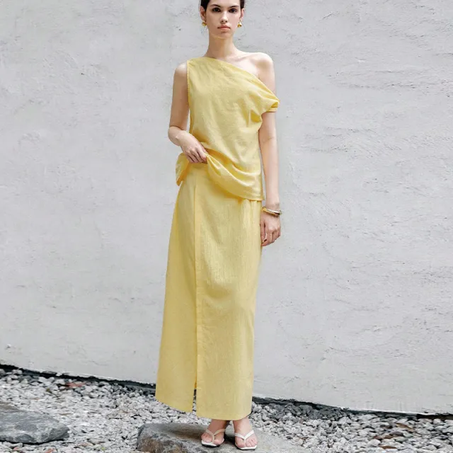 Shoulder Sleeveless Top Straight Skirt Suit Solid Color Yellow - Shop at LoveMi