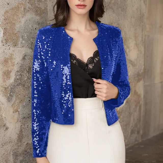 Crew neck Long sleeve Solid color Cardigan Casual Sequin Jacket Blue - Shop at LoveMi