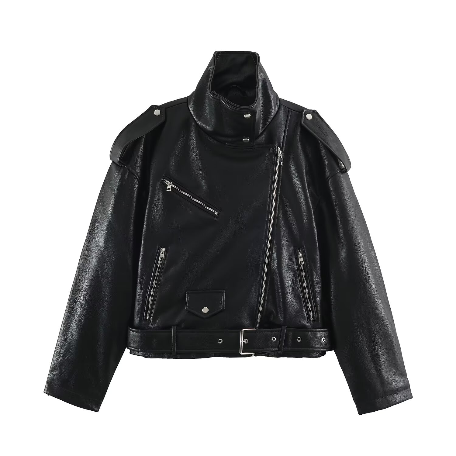 European And American Women's Stand-collar Leather Jacket Coat