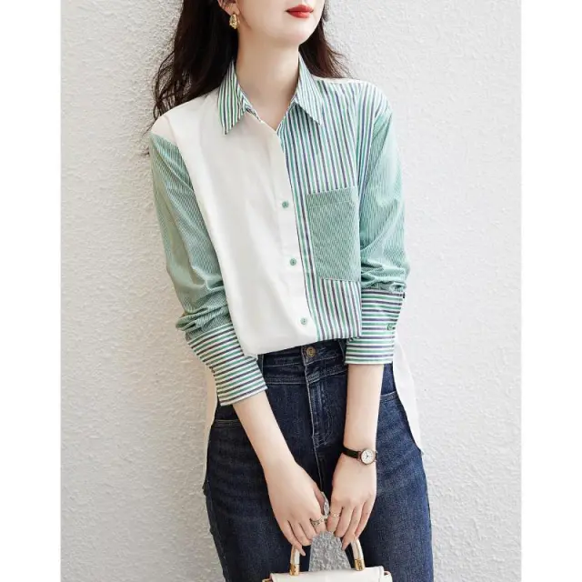 Striped Long Sleeve Fashion Women's Shirt Emerald Green - Shop at LoveMi