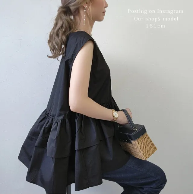 Summer Pure Cotton Sleeveless Ruffled Shirt Black - Shop at LoveMi