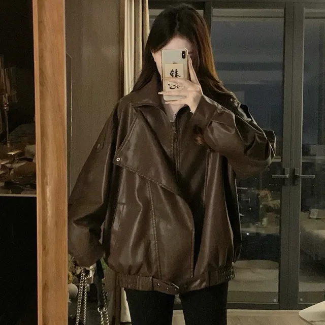 Black Vintage Biker style Lapel PU Leather Jacket Black - Shop at LoveMi