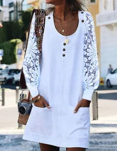 European And American Fashion Solid Color Hollow-out Long Sleeve U-neck Pocket Button Dress - White - View 1