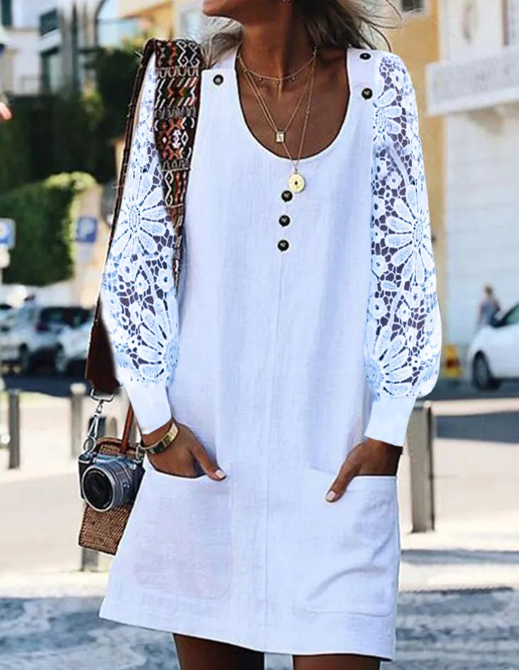 European And American Fashion Solid Color Hollow-out Long Sleeve U-neck Pocket Button Dress - White