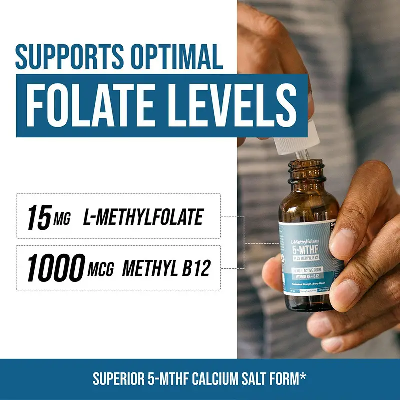 5-MTHF L-Methylfolate Liquid Drops 15mg Active Folate With Methyl B12-1000mcg Supports Folate Levels Energy, 60ml