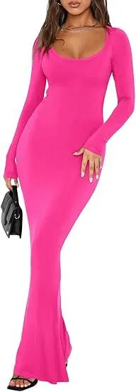 Soft Casual Long Dress With A Square Neckline And Long Sleeves Rose - Shop at LoveMi