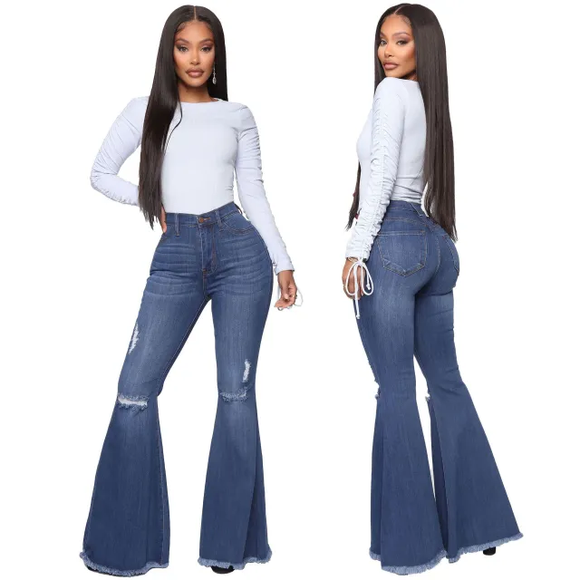 Women's Knee Hole Denim Flared Pants Dark Blue - Shop at LoveMi