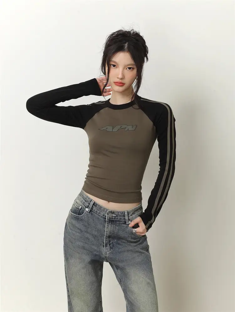 Spring And Autumn Long Sleeve Top Original Letters Contrast Color Binding Tape