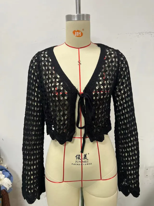 New Sunscreen V neck Casual Tie neck Flare Long Sleeve Cardigan Black - Shop at LoveMi