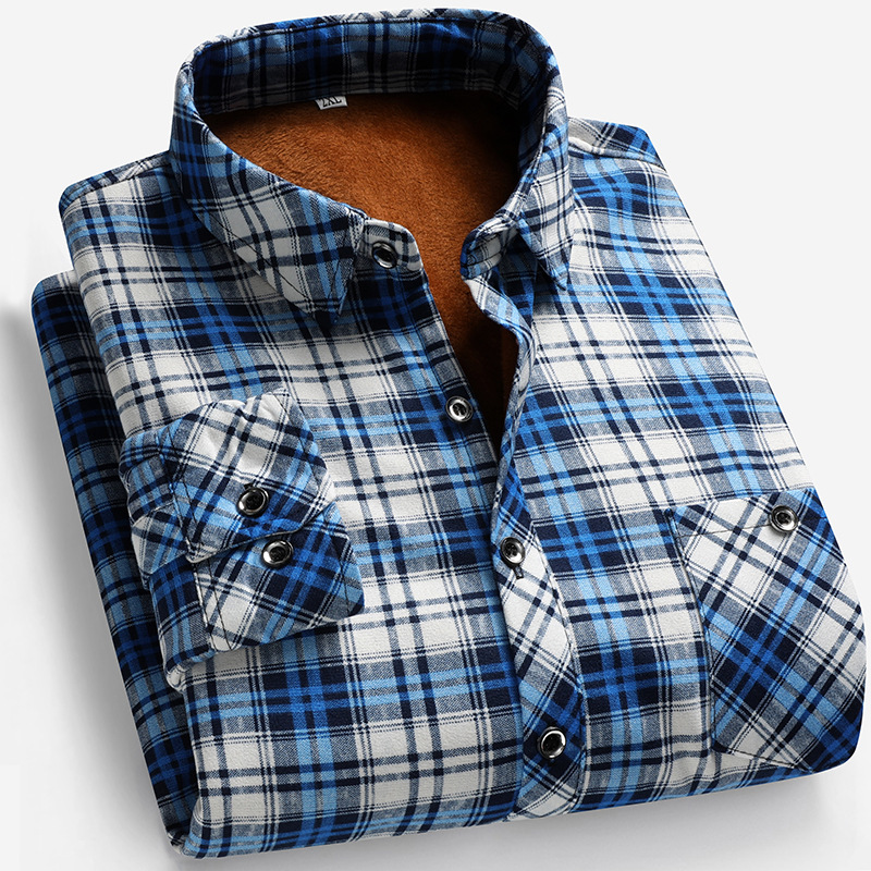 Mens Winter Fleece-Lined Thickened Warm-Keeping Square-Neck Shirt