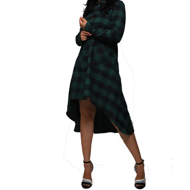 Boyfriend Style Casual Pocket Long Sleeve Plaid Polo Shirt Irregular Coat Green - Shop at LoveMi