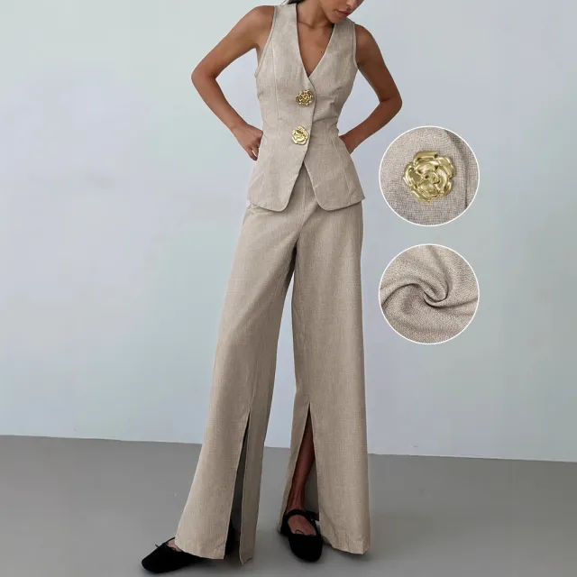 Elegant Breathable V neck Sleeveless Split front Wide leg Pants Set Khaki - Shop at LoveMi