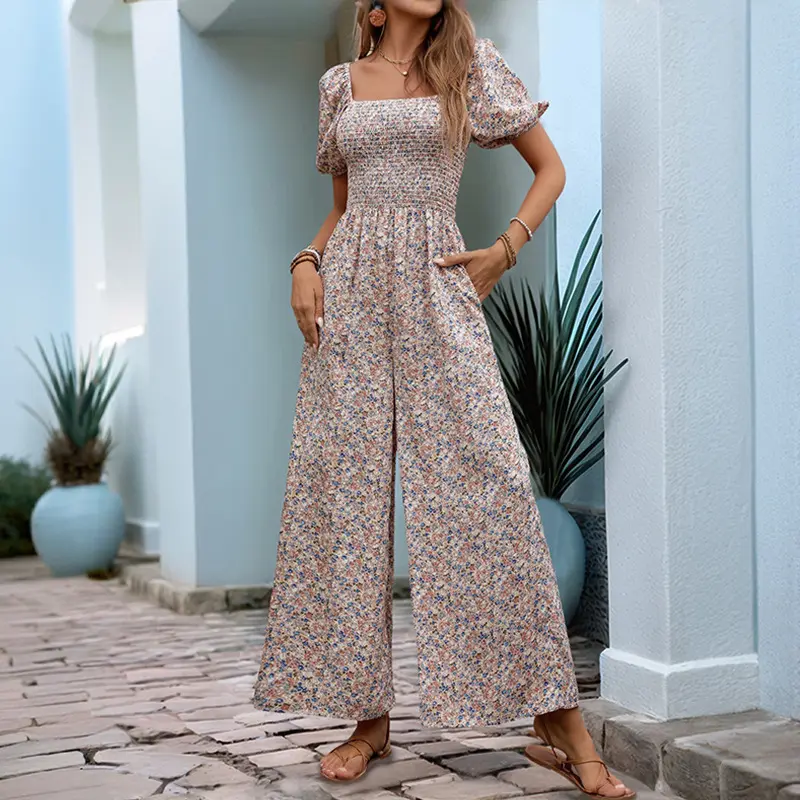 Square Collar Puff Sleeve Vacation Style Floral