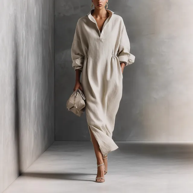 Women's Casual Chic Elegant Long Sleeve Lapel Split Dress Beige - Shop at LoveMi