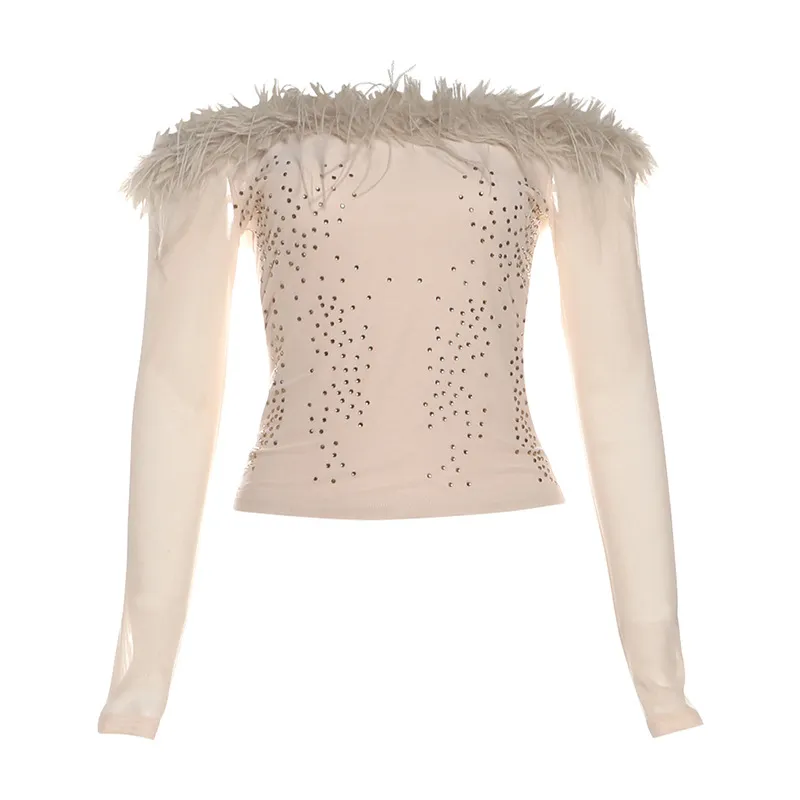 Fashion Off-neck Stitching Edging Long Sleeve Women - Apricot