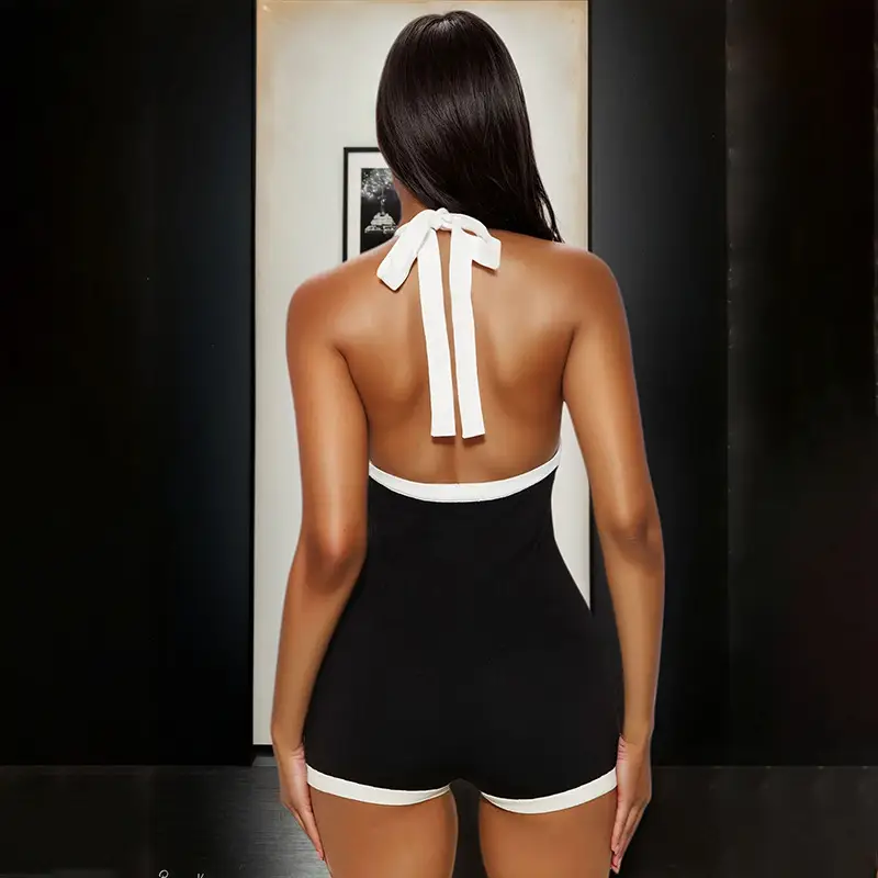 Contrast Color V-neck Halter Lace-up Backless Fastener Decoration Super Short Shorts Jumpsuit