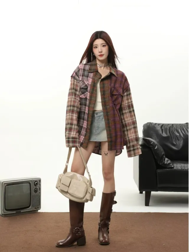Plaid Shirt For Women Autumn Winter Retro Maillard Style Black - Shop at LoveMi